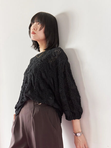 花ジャガード7分袖プルオーバー(オフホワイト/ブラック/プラム)|Samansa Mos2 blue(サマンサモスモス ブルー)通販