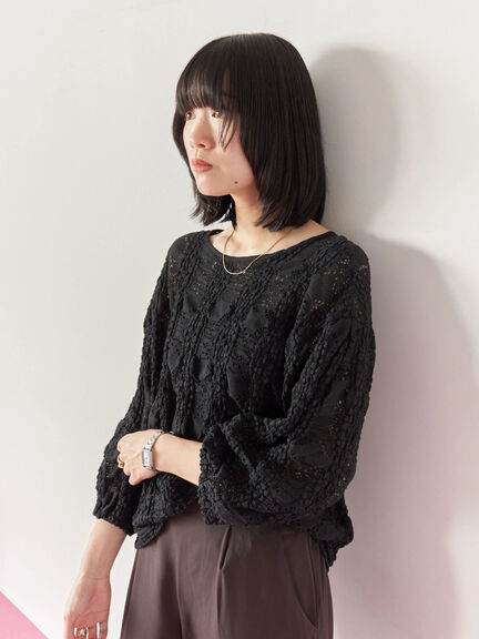 花ジャガード7分袖プルオーバー(オフホワイト/ブラック/プラム)|Samansa Mos2 blue(サマンサモスモス ブルー)通販