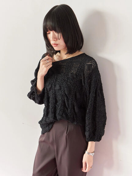 花ジャガード7分袖プルオーバー(オフホワイト/ブラック/プラム)|Samansa Mos2 blue(サマンサモスモス ブルー)通販