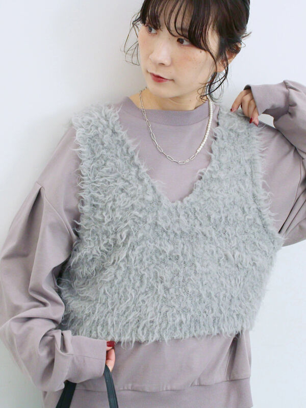 ふわふわショート丈ニットベスト(グレー)|Samansa Mos2 blue(サマンサモスモス ブルー)通販