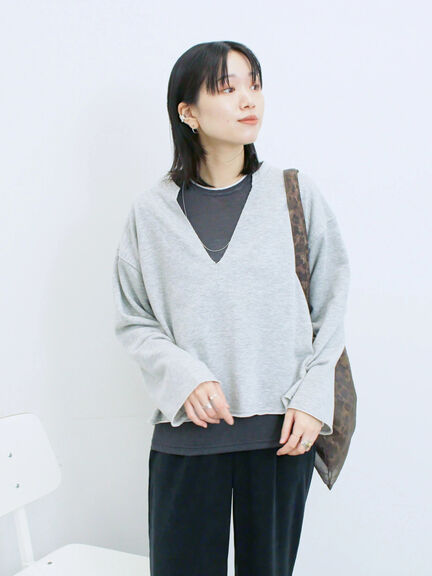 ◎裏毛深Vネックプルオーバー(グレー/ダークブラウン/ブルー)|Samansa Mos2 blue(サマンサモスモス ブルー)通販