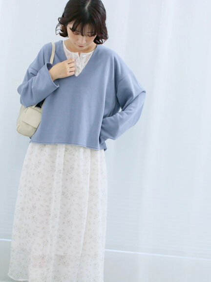 ◎裏毛深Vネックプルオーバー(グレー/ダークブラウン/ブルー)|Samansa Mos2 blue(サマンサモスモス ブルー)通販