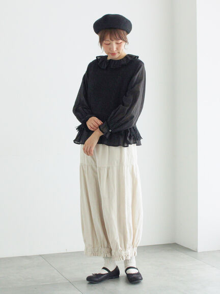 【WEB限定】コットンジャカード製品染め裾フリルパンツ(グレー/ブラック/キナリ)|TSUHARU by Samansa Mos2(ツハルバイサマンサモスモス)通販
