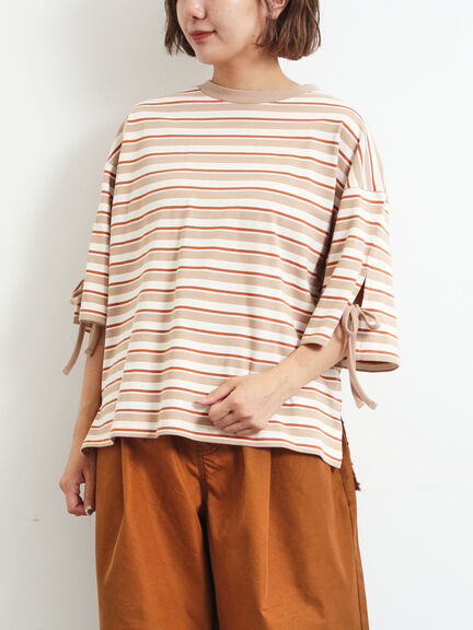 マルチボーダー袖スリットリボンTシャツ(ピンク/レッド/ベージュ/グリーン/ネイビー)|SM2(エスエムツー)通販