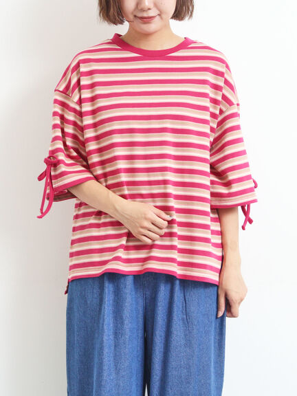 マルチボーダー袖スリットリボンTシャツ(ピンク/レッド/ベージュ/グリーン/ネイビー)|SM2(エスエムツー)通販