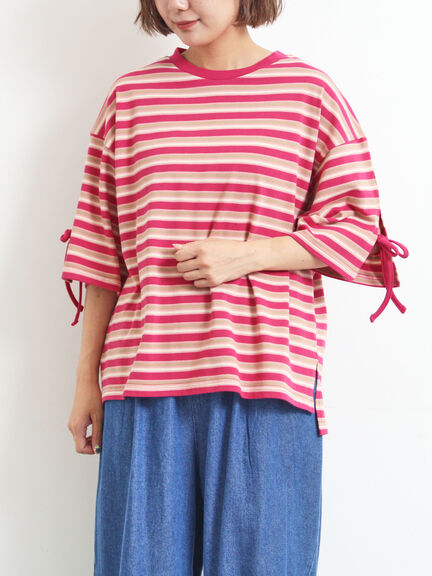 マルチボーダー袖スリットリボンTシャツ(ピンク/レッド/ベージュ/グリーン/ネイビー)|SM2(エスエムツー)通販