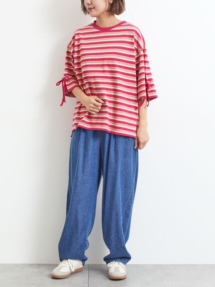 マルチボーダー袖スリットリボンTシャツ(ピンク/レッド/ベージュ/グリーン/ネイビー)|SM2(エスエムツー)通販