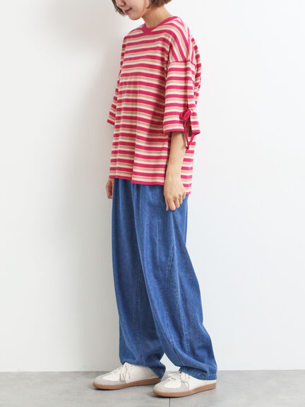 マルチボーダー袖スリットリボンTシャツ(ピンク/レッド/ベージュ/グリーン/ネイビー)|SM2(エスエムツー)通販