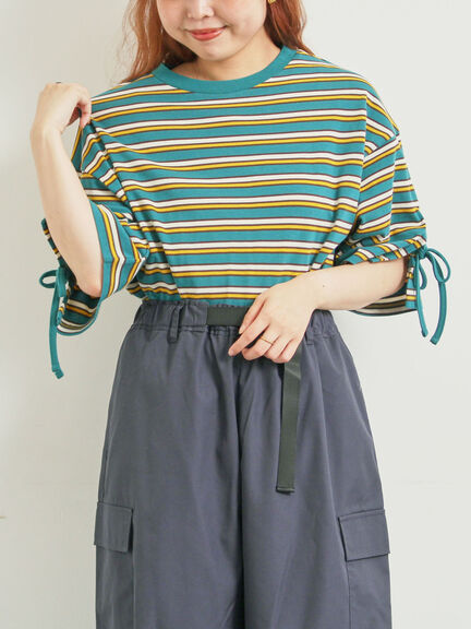 マルチボーダー袖スリットリボンTシャツ(ピンク/レッド/ベージュ/グリーン/ネイビー)|SM2(エスエムツー)通販