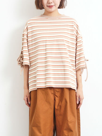 マルチボーダー袖スリットリボンTシャツ(ピンク/レッド/ベージュ/グリーン/ネイビー)|SM2(エスエムツー)通販