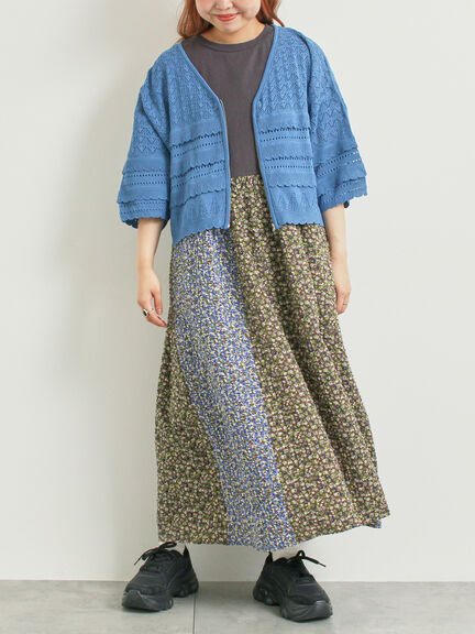 透かし編みフリル切替VネックZIPカーディガン(チャコールグレー/オレンジ/ブルー/クリーム)|SM2(エスエムツー)通販