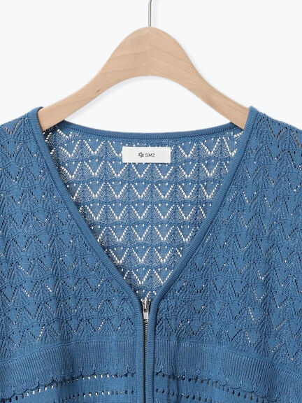 透かし編みフリル切替VネックZIPカーディガン(チャコールグレー/オレンジ/ブルー/クリーム)|SM2(エスエムツー)通販