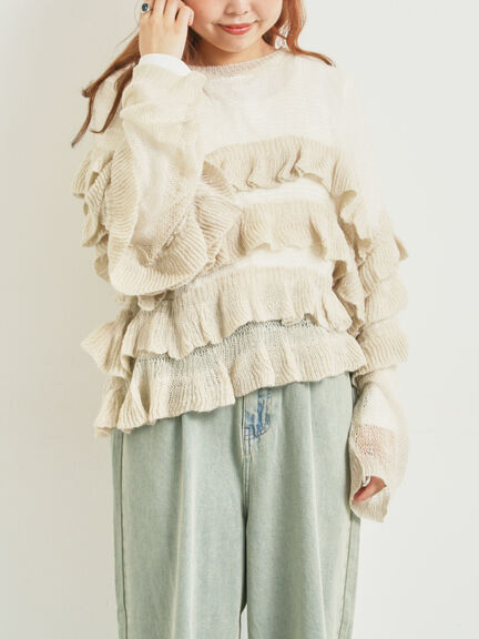 インナーSETモヘアタッチシアーフリルニット(ブラック/ピンク/ベージュ/カーキ)|SM2(エスエムツー)通販