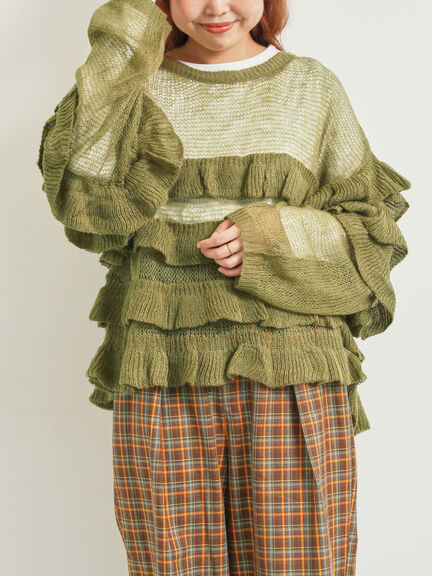 インナーSETモヘアタッチシアーフリルニット(ブラック/ピンク/ベージュ/カーキ)|SM2(エスエムツー)通販