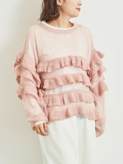 インナーSETモヘアタッチシアーフリルニット(ブラック/ピンク/ベージュ/カーキ)|SM2(エスエムツー)通販