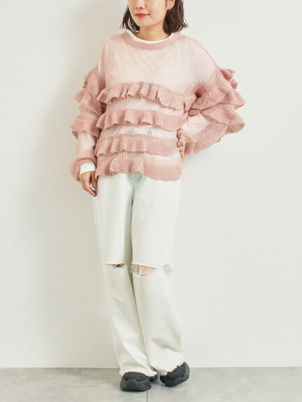 インナーSETモヘアタッチシアーフリルニット(ブラック/ピンク/ベージュ/カーキ)|SM2(エスエムツー)通販