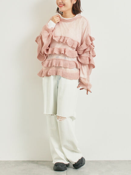 インナーSETモヘアタッチシアーフリルニット(ブラック/ピンク/ベージュ/カーキ)|SM2(エスエムツー)通販