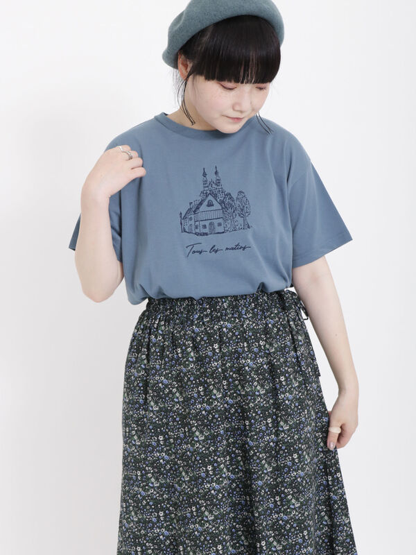 セール】 風景刺繍Tシャツ（ブラック/ベージュ/ブルー/トップス/T