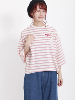 【セール】 ボーダー胸刺繍カットソー（オフホワイト/ピンク