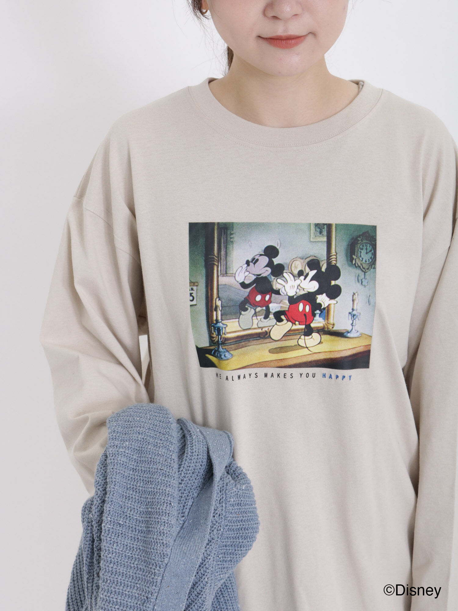 Disney】ミッキー/転写プリントロングTシャツ（ホワイト/ベージュ