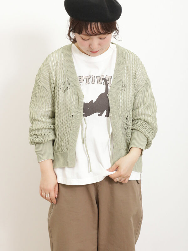 セール】 【マシンウォッシャブル】メッシュ編みリボンカーディガン 