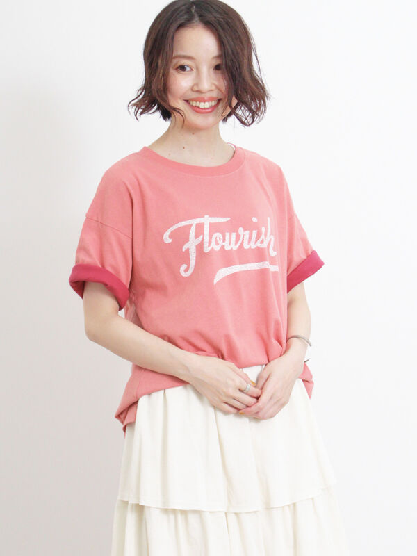 セール】 袖口配色ロゴTシャツ（チャコールグレー/ピンク/ミント 