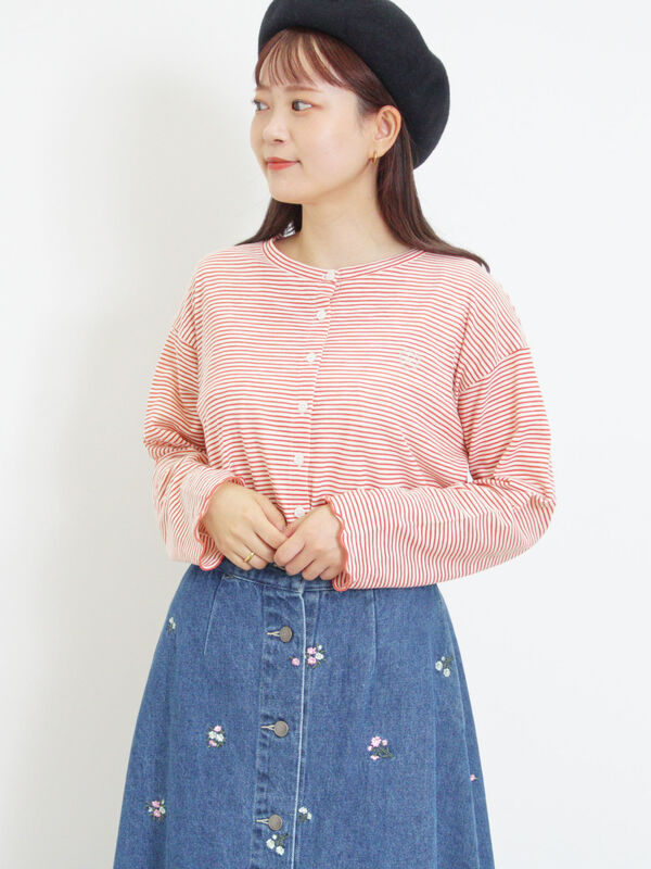 セール】 ワンポイント刺繍シアーボーダーカーディガン（レッド