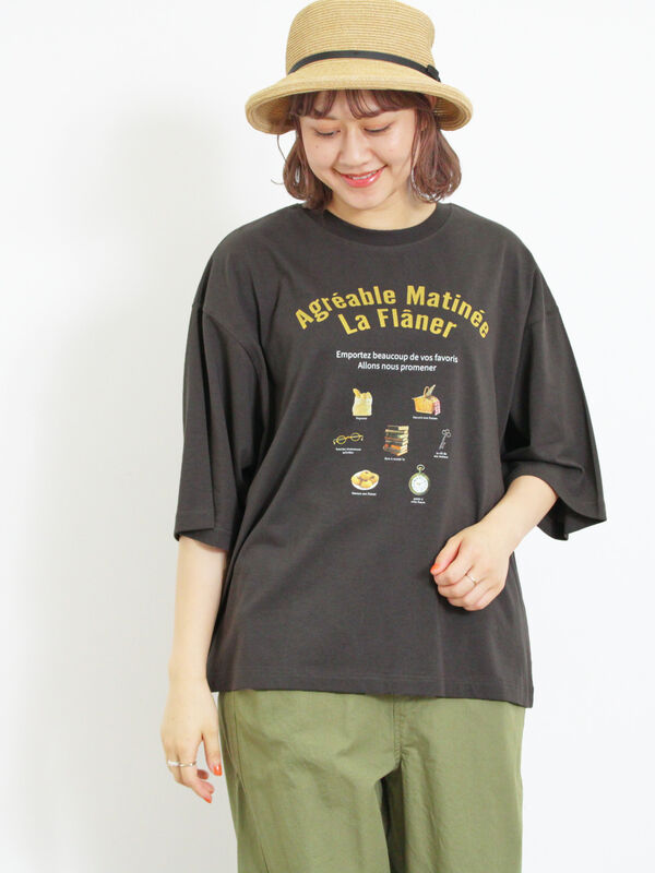 接触冷感】モチーフプリントTシャツ（オフホワイト/チャコールグレー 