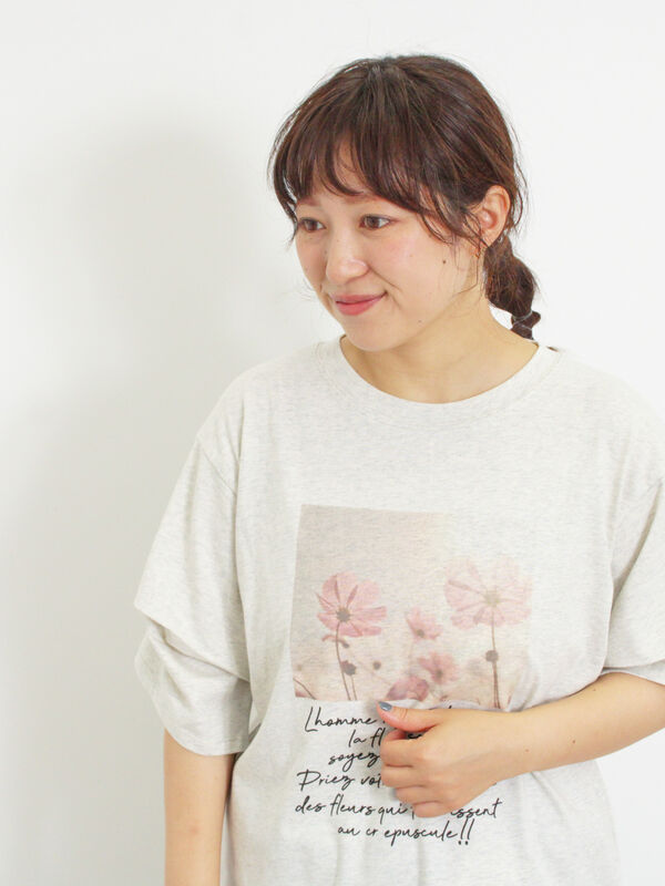 セール】 転写プリント袖タックTシャツ（グレー/チャコールグレー 