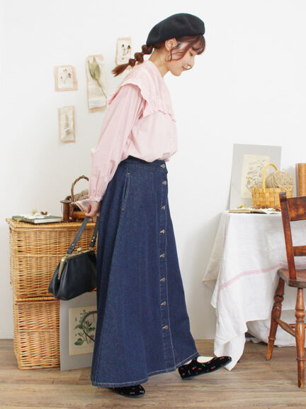 【Sサイズ WEB限定】フロント釦フレアデニムスカート（ベージュ）｜Samansa Mos2（サマンサ モスモス）通販