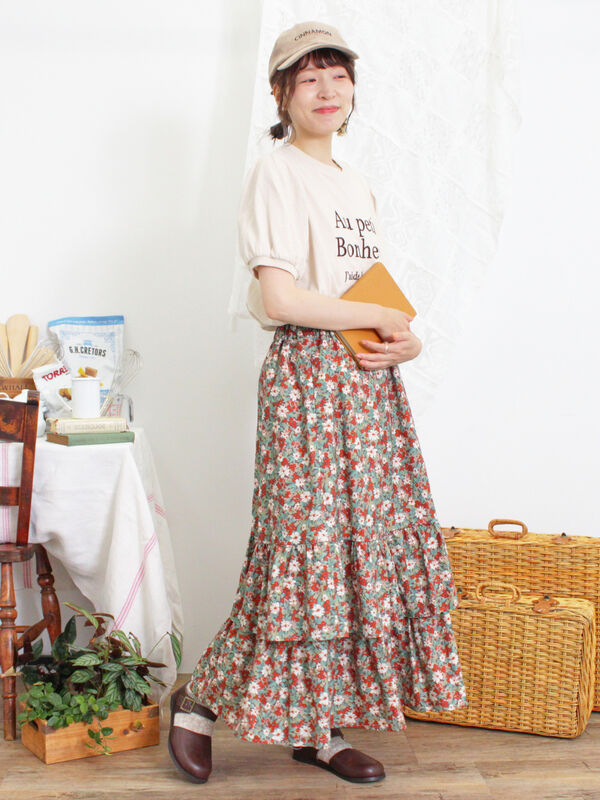 セール】 柄アソート裾重ねスカート（ベージュ/オレンジ/ボトムス