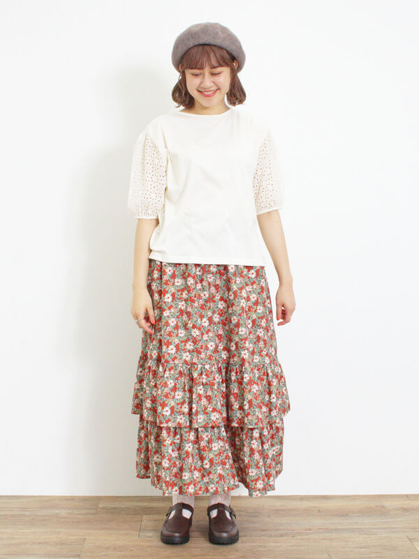 セール】 柄アソート裾重ねスカート（ベージュ/オレンジ/ボトムス