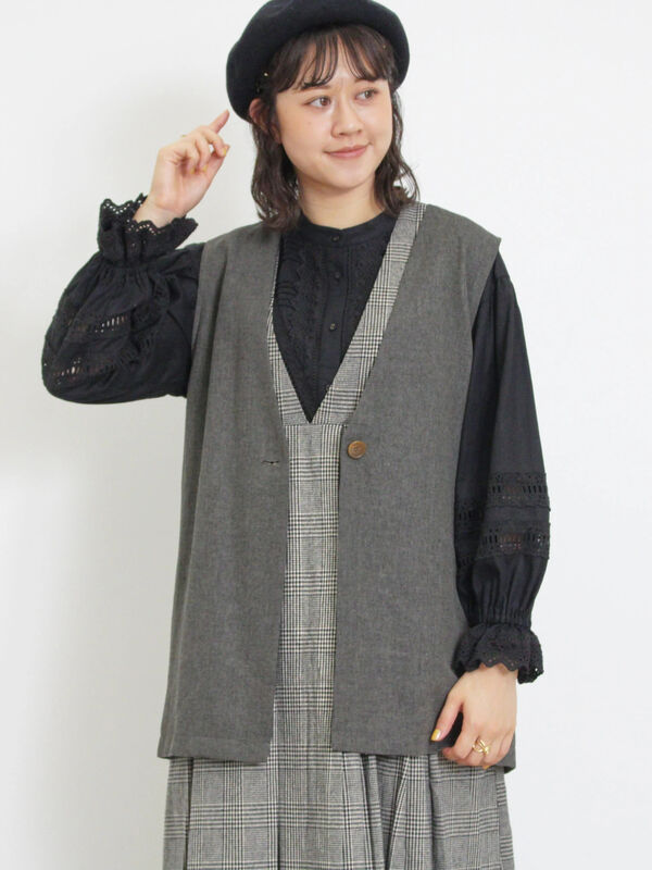 セール】 綿麻ミドル丈ベスト（ベージュ/アウター/ベスト）| Samansa