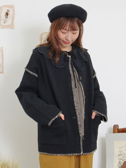 【マシンウォッシャブル】ブランケットステッチニットジャケット（ブラック/ベージュ/キャメル）｜Samansa Mos2（サマンサ モスモス）通販