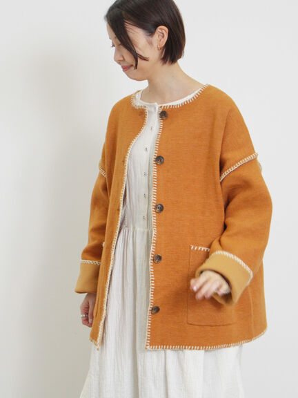 【マシンウォッシャブル】ブランケットステッチニットジャケット（ブラック/ベージュ/キャメル）｜Samansa Mos2（サマンサ モスモス）通販