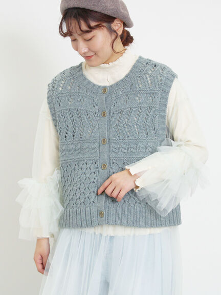 【Fluffy Wool Blend】前後着柄編みベスト（モカ/サックスブルー/キナリ）｜Samansa Mos2（サマンサ モスモス）通販