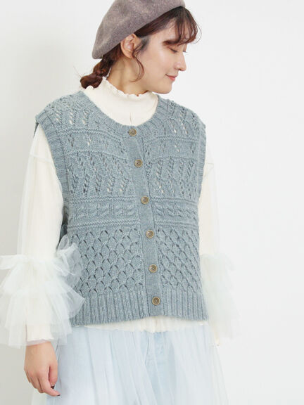 【Fluffy Wool Blend】前後着柄編みベスト（モカ/サックスブルー/キナリ）｜Samansa Mos2（サマンサ モスモス）通販