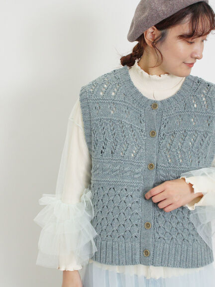 【Fluffy Wool Blend】前後着柄編みベスト（モカ/サックスブルー/キナリ）｜Samansa Mos2（サマンサ モスモス）通販