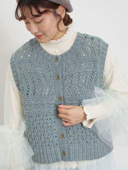 【Fluffy Wool Blend】前後着柄編みベスト（モカ/サックスブルー/キナリ）｜Samansa Mos2（サマンサ モスモス）通販