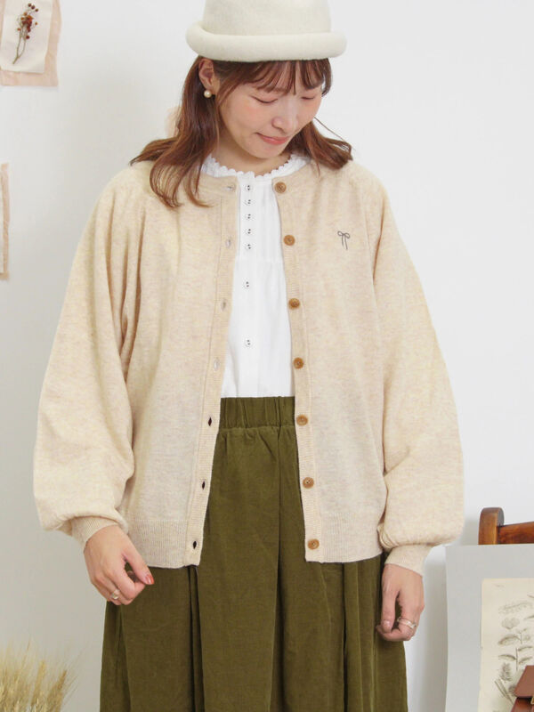 セール】 ウール混リボン刺繍パフスリーブカーディガン 