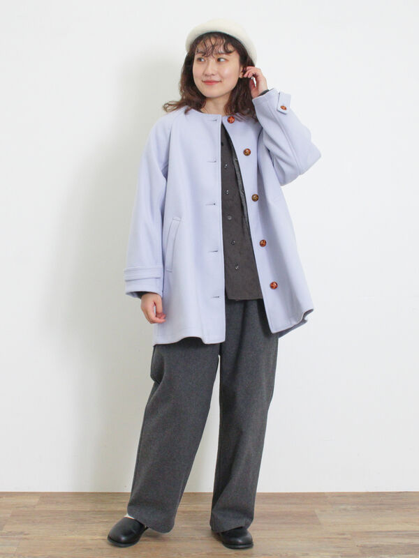 セール】 ウーリーライクミドル丈クルーネックコート（ブルー/アウター