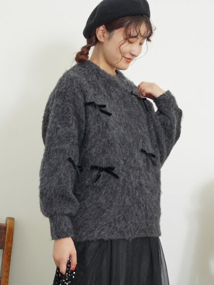 ベロアリボン付ニット（チャコールグレー/サックスブルー/キナリ）｜Samansa Mos2（サマンサ モスモス）通販