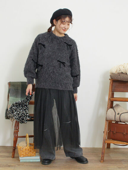 ベロアリボン付ニット（チャコールグレー/サックスブルー/キナリ）｜Samansa Mos2（サマンサ モスモス）通販