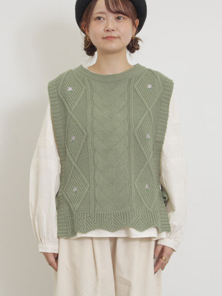 花刺繍脇リボンベスト（ブラック/ベージュ/グリーン/キナリ）｜Samansa Mos2（サマンサ モスモス）通販