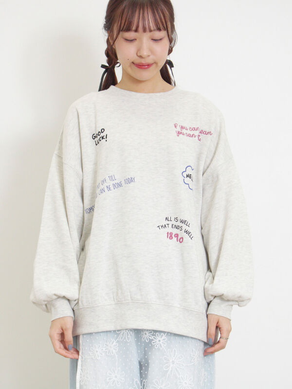 セール】 ◎裏起毛手描き風刺繍スウェット（グレー/チャコールグレー 