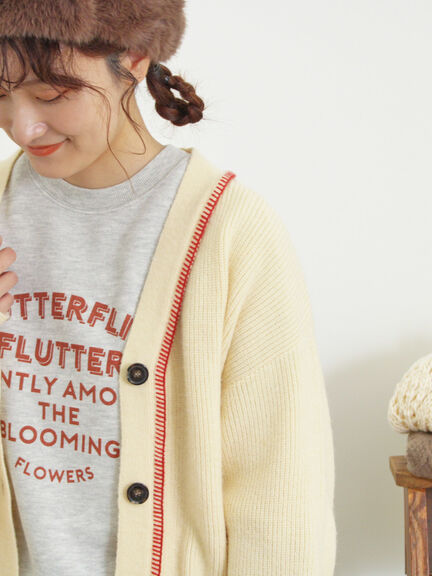 配色ステッチVネックニットカーディガン（ベージュ/ダークブラウン/ミント/キナリ）｜Samansa Mos2（サマンサ モスモス）通販