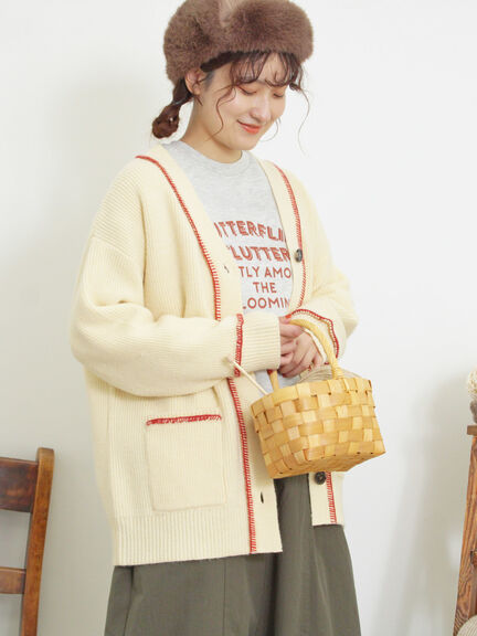 配色ステッチVネックニットカーディガン（ベージュ/ダークブラウン/ミント/キナリ）｜Samansa Mos2（サマンサ モスモス）通販