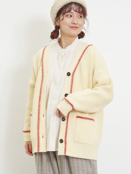 配色ステッチVネックニットカーディガン（ベージュ/ダークブラウン/ミント/キナリ）｜Samansa Mos2（サマンサ モスモス）通販