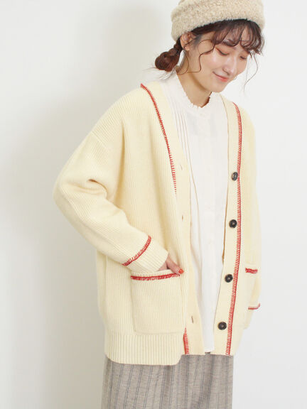配色ステッチVネックニットカーディガン（ベージュ/ダークブラウン/ミント/キナリ）｜Samansa Mos2（サマンサ モスモス）通販