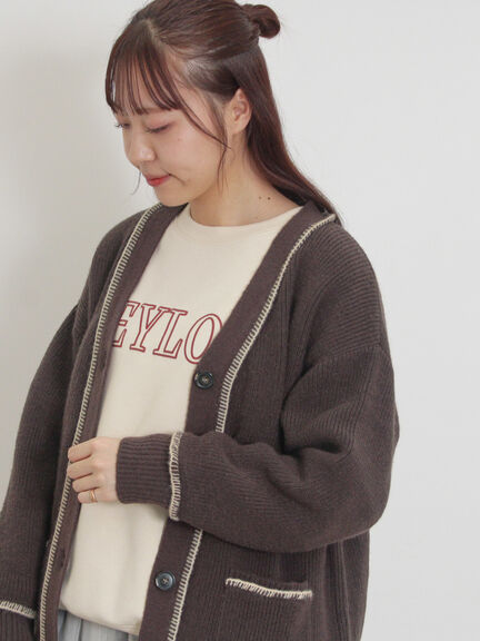 配色ステッチVネックニットカーディガン（ベージュ/ダークブラウン/ミント/キナリ）｜Samansa Mos2（サマンサ モスモス）通販